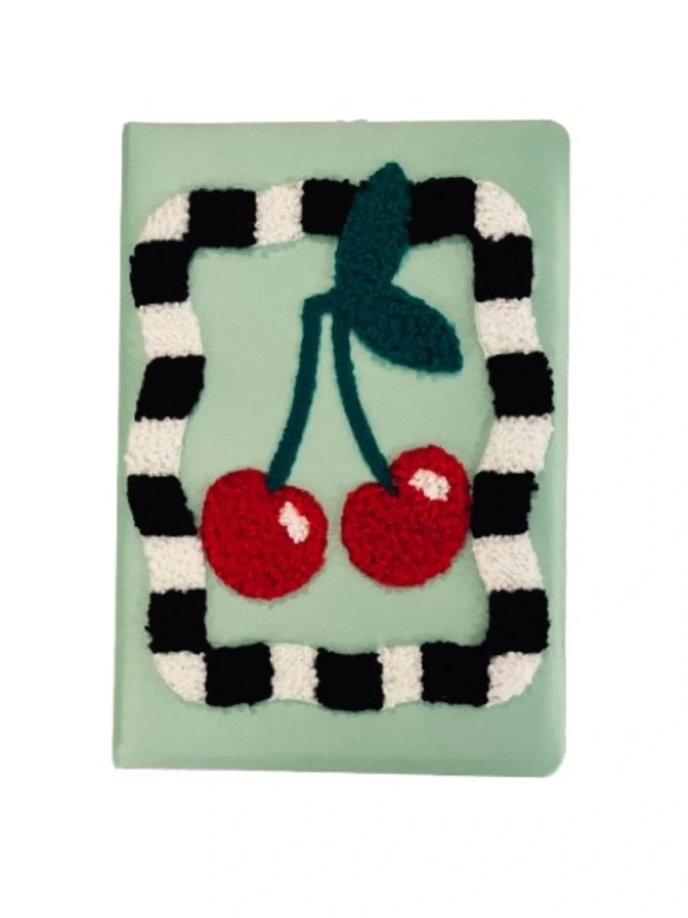🆕- Cherry Embroidered Journal with Green Fabric Background. 8.5”x 6”